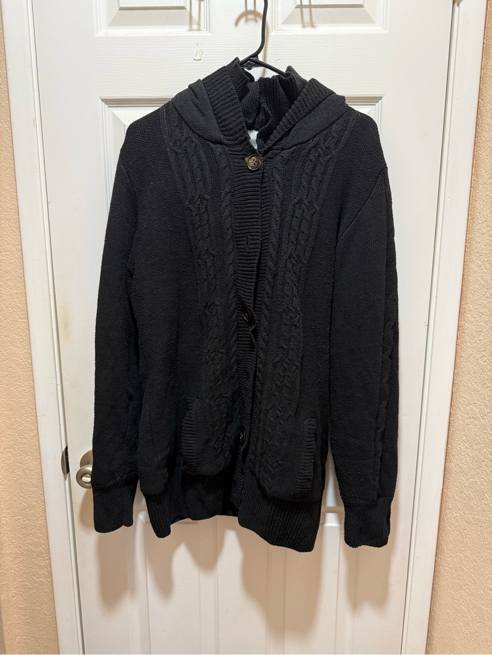 Cozy Black Hooded Cable-Knit Cardigan Sweater